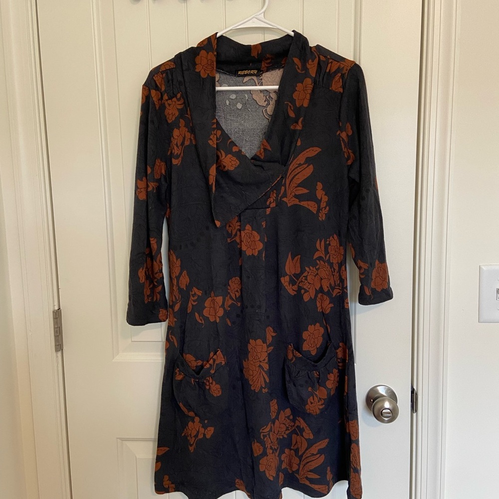 NWOT Reborn women’s gray brown stretch soft cowl‎ neck 3/4 sleeve dress large